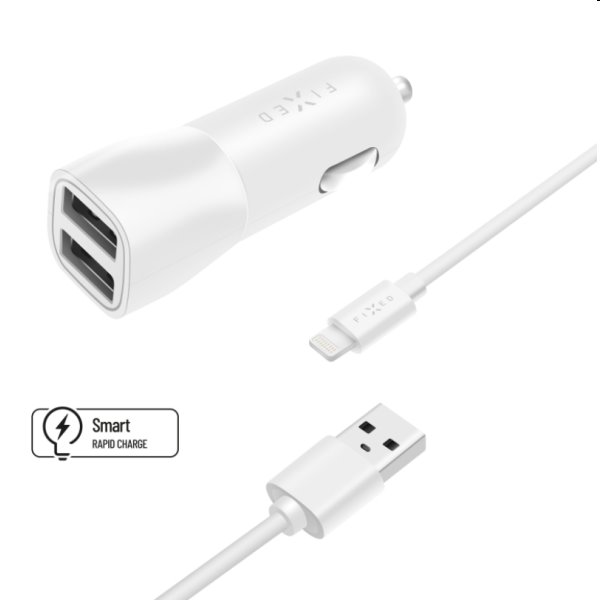 FIXED Autonabíjačka Smart Rapid Charge 2 x USB s káblom USB/Lightning MFI 1 m, 15 W, biela FIXCC15-2UL-WH