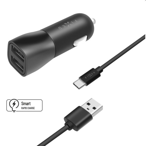 FIXED Autonabíjačka Smart Rapid Charge 2 x USB s káblom USB/USB-C 1 m, 15 W, čierna FIXCC15-2UC-BK