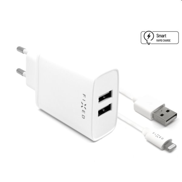 FIXED Sieťová nabíjačka Smart Rapid Charge s 2 x USB 15 W a kábel USB/Lightning MFI 1 m, biela FIXC15-2UL-WH