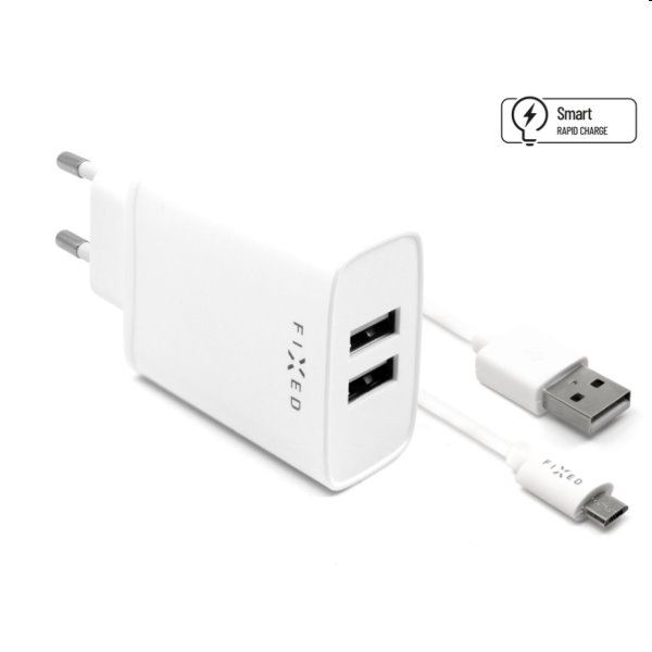 FIXED Sieťová nabíjačka Smart Rapid Charge s 2 x USB 15 W a kábel USB/micro USB 1 m, biela FIXC15-2UM-WH