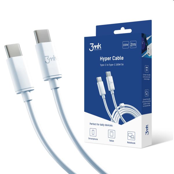 3mk Hyper Cable USB-C/USB-C 2m, 100 W, biely 3MK464543