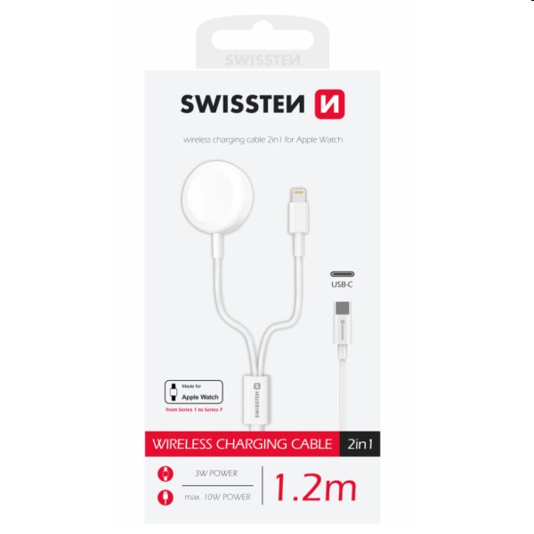 Swissten Nabíjací magnetický kábel 2v1 pre Apple Watch a Lightning 1,2 m, biela