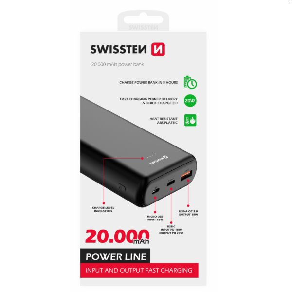 Swissten Power Line powerbanka 20 000 mAh 20 W, PD, čierna 22013913
