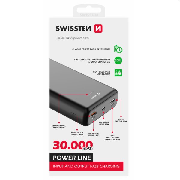 Swissten Power Line powerbanka 30000 mAh 20 W, PD, čierna 22013914