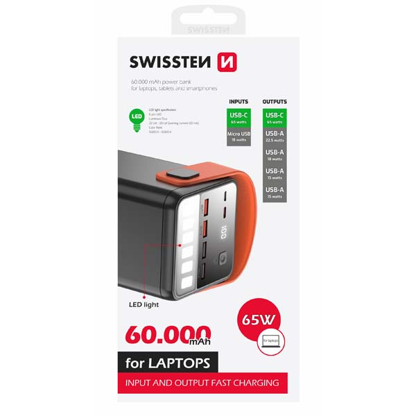 Swissten Power Line powerbanka 60000 mAh 65 W, PD, čierna 22013943