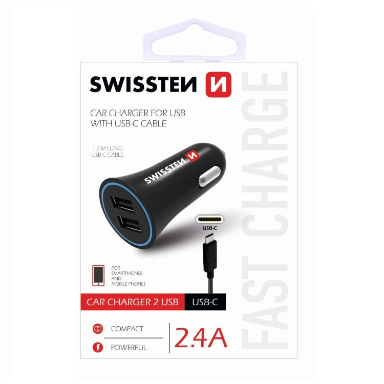 Autonabíjačka Swissten 2.4A s 2 x USB a kábel USB-C 20110908