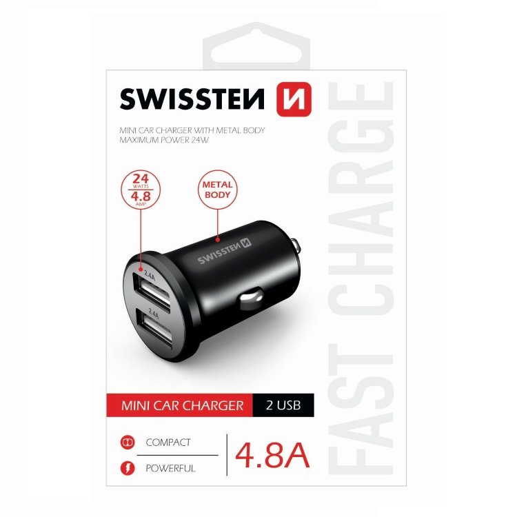 Autonabíjačka Swissten kovová 4.8A s 2 USB slotmi, čierna 20114000