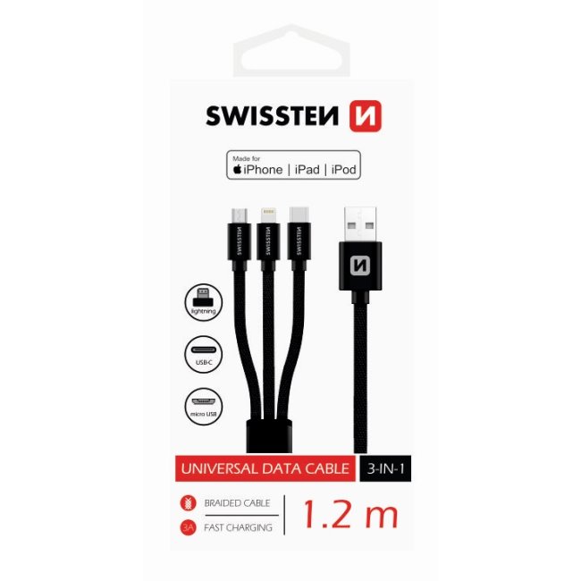 Dátový kábel Swissten textilný 3 v 1 a s podporou rýchlonabíjania, čierny 72501101