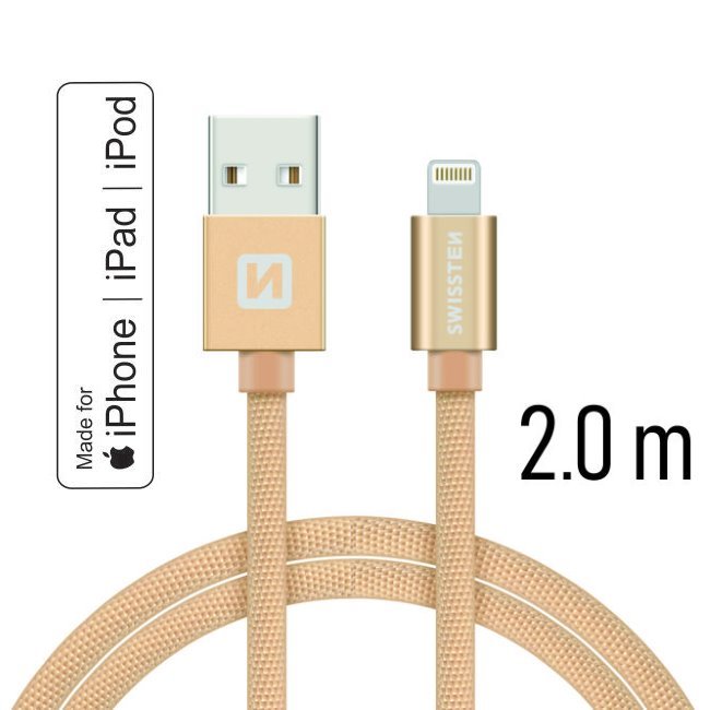 Dátový kábel Swissten textilný s certifikáciou MFI, Lightning konektorom a podporou rýchlonabíjania, zlatý 71524304