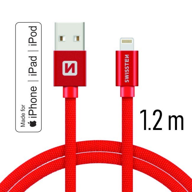 Dátový kábel Swissten textilný s certifikáciou MFI, Lightning konektorom a podporou rýchlonabíjania, červený 71524206