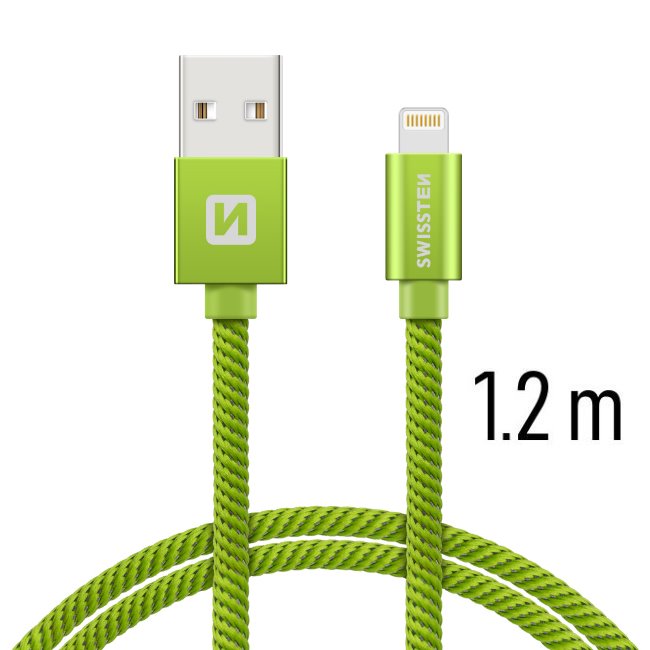 Dátový kábel Swissten textilný s Lightning konektorom a podporou rýchlonabíjania, zelený 71523207