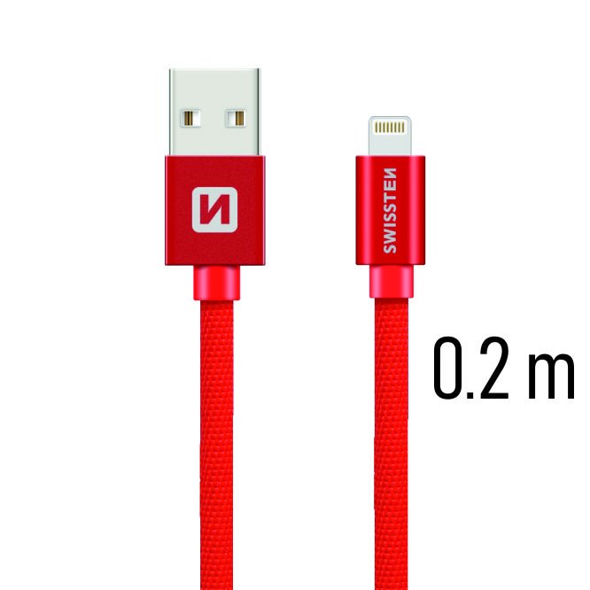 Dátový kábel Swissten textilný s Lightning konektorom a podporou rýchlonabíjania, červený 71523106