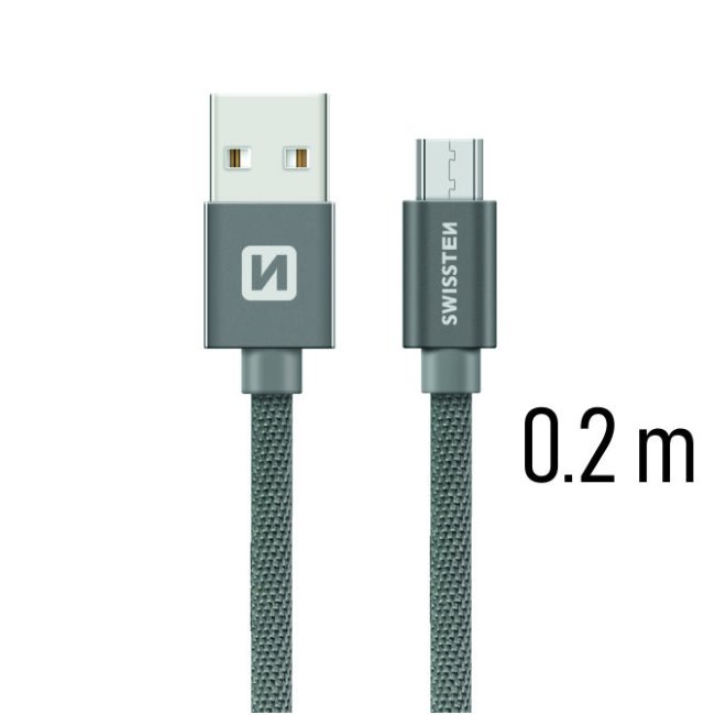 Dátový kábel Swissten textilný s Micro-USB konektorom a podporou rýchlonabíjania, sivý 71522102