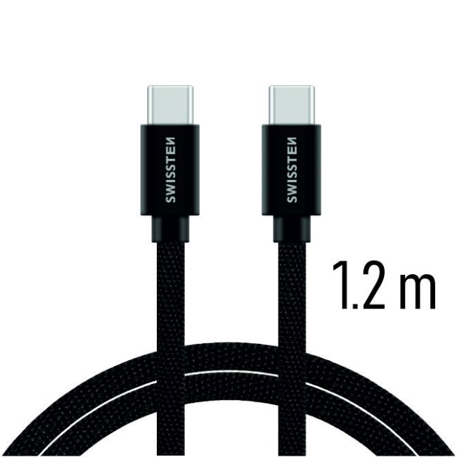 Dátový kábel Swissten textilný s USB-C konektormi a podporou rýchlonabíjania, čierny 71527201