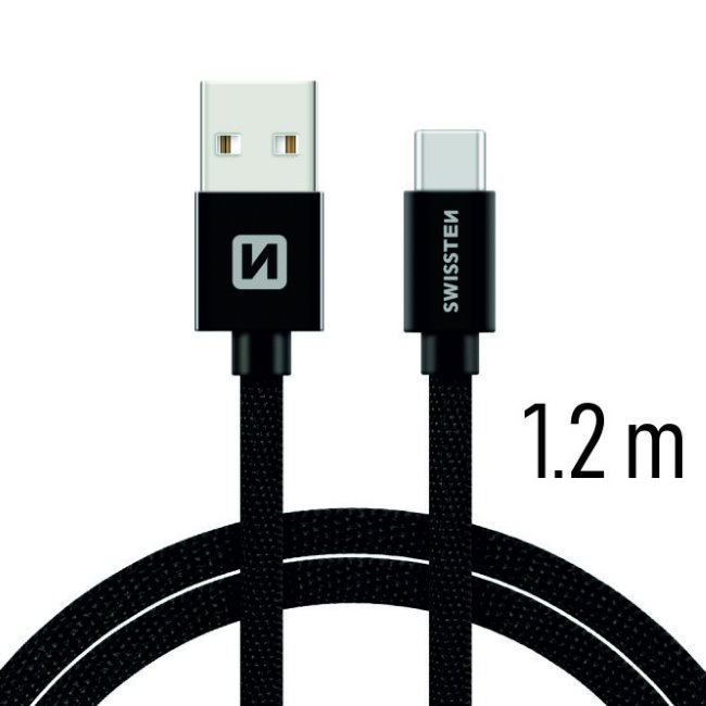 Dátový kábel Swissten textilný s USB-C konektorom a podporou rýchlonabíjania, čierny 71521201