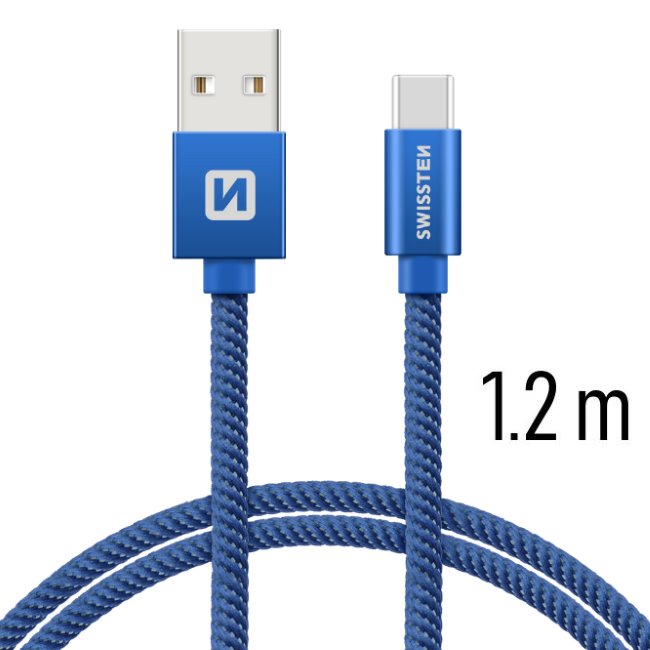 Dátový kábel Swissten textilný s USB-C konektorom a podporou rýchlonabíjania, modrý 71521208