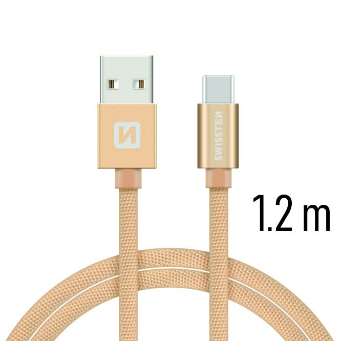 Dátový kábel Swissten textilný s USB-C konektorom a podporou rýchlonabíjania, zlatý 71521204