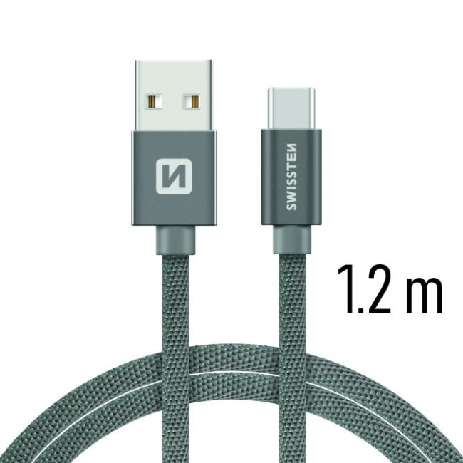 Dátový kábel Swissten textilný s USB-C konektorom a podporou rýchlonabíjania, sivý 71521202