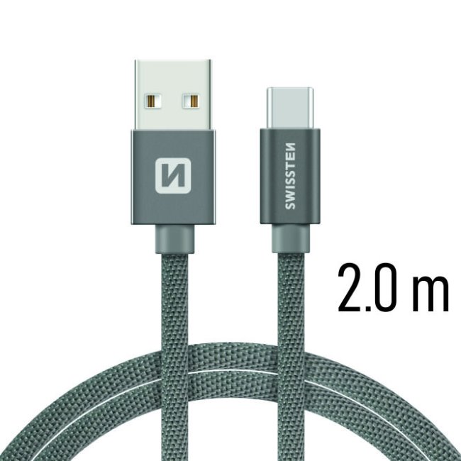 Dátový kábel Swissten textilný s USB-C konektorom a podporou rýchlonabíjania, sivý 71521302