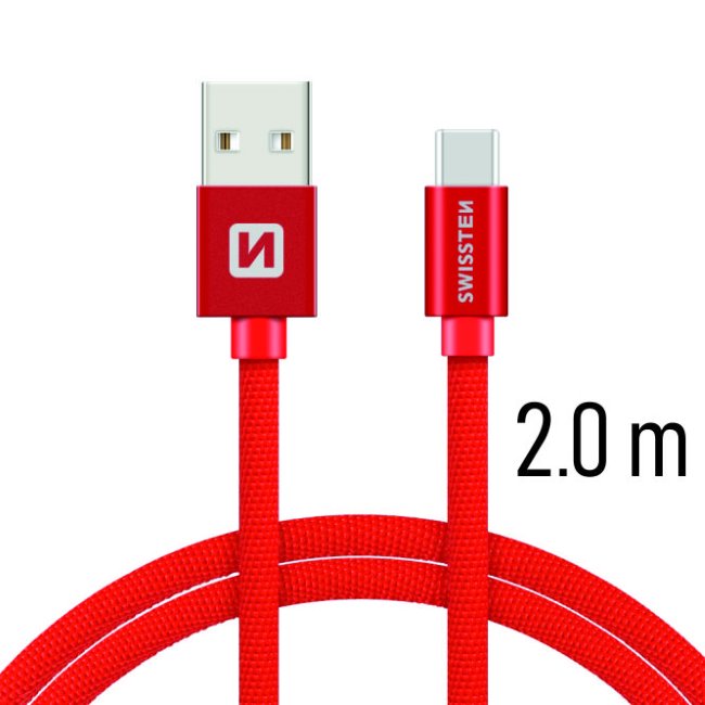 Dátový kábel Swissten textilný s USB-C konektorom a podporou rýchlonabíjania, červený 71521306