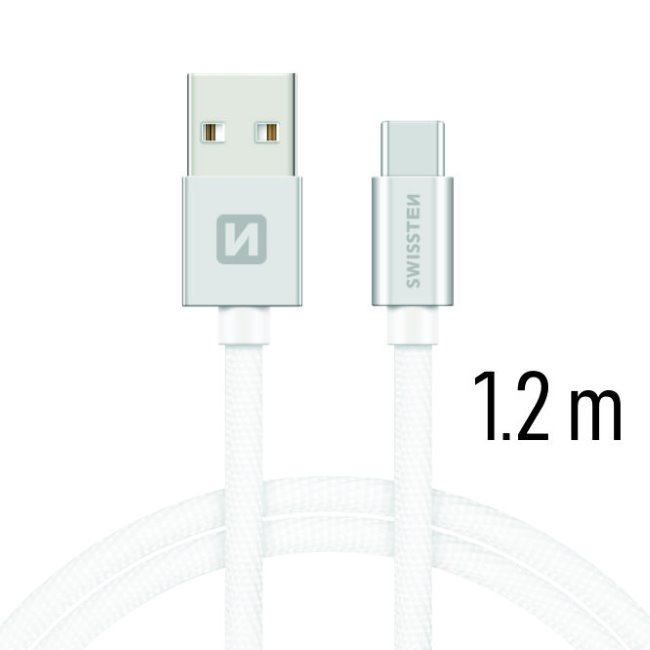 Dátový kábel Swissten textilný s USB-C konektorom a podporou rýchlonabíjania, strieborný 71521203
