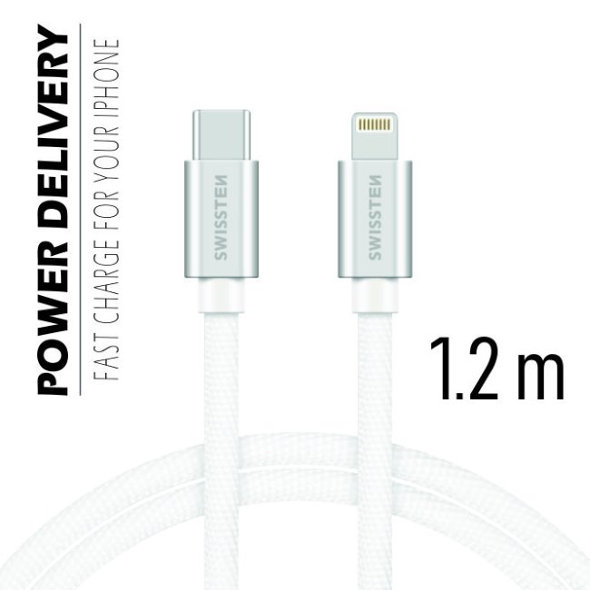 Dátový kábel Swissten textilný s USB-C, Lightning konektormi a podporou rýchlonabíjania, strieborný 71525203