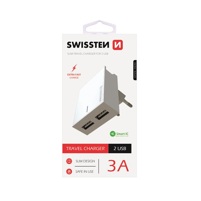 Rýchlonabíjačka Swissten Smart IC 3.A s 2 USB konektormi, biela 22032000