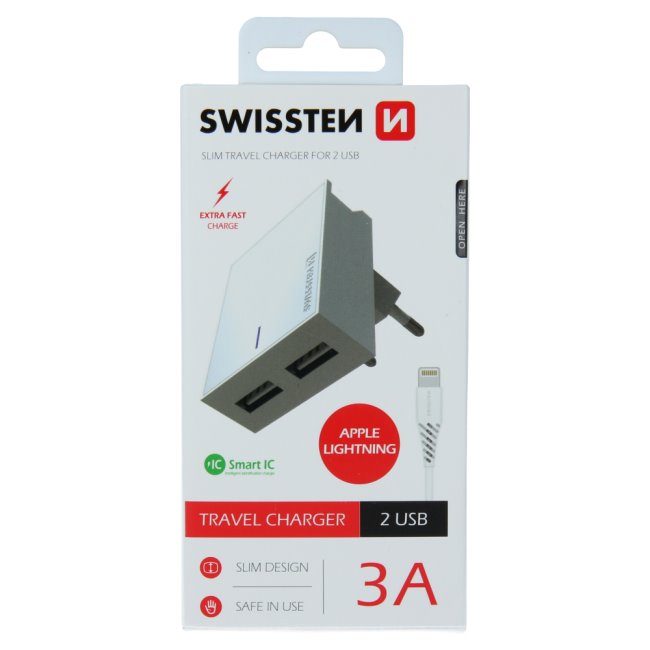 Rýchlonabíjačka Swissten Smart IC 3.A s 2 USB konektormi a dátový kábel USB / Lightning 1,2 m, biela 22047000