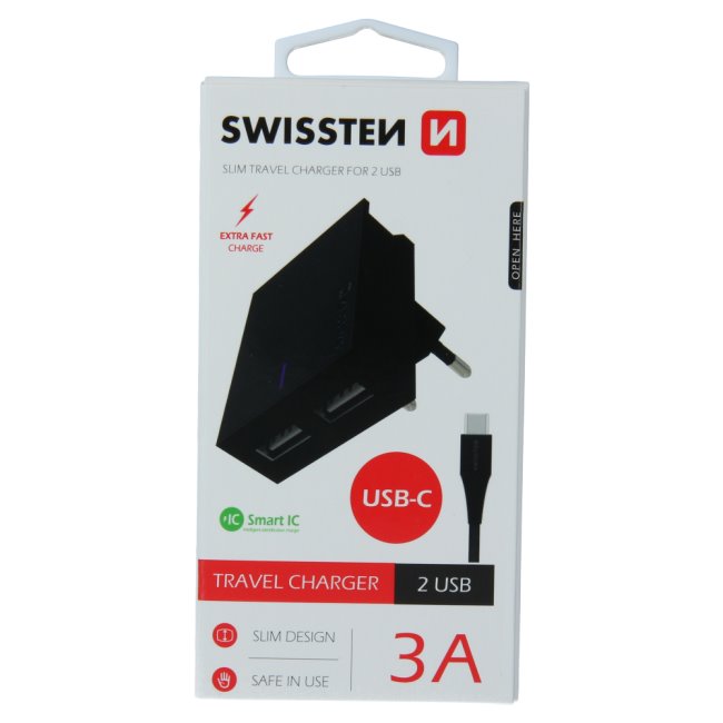 Rýchlonabíjačka Swissten Smart IC 3.A s 2 USB konektormi a dátový kábel USB / USB-C 1,2 m, čierna 22044000