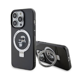 Zadný kryt Karl Lagerfeld Ringstand Karl and Choupette MagSafe pre iPhone 15 Pro, čierny