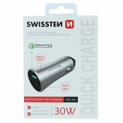 Autonabíjačka Swissten s podporou Qualcomm Quick Charge 3.0, 30 W, matná strieborná