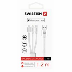 Dátový kábel Swissten textilný 3 v 1 a s podporou rýchlonabíjania, strieborný