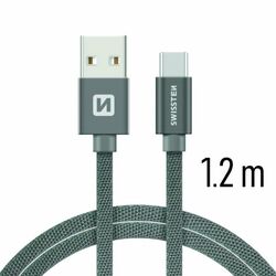 Dátový kábel Swissten textilný s USB-C konektorom a podporou rýchlonabíjania, sivý