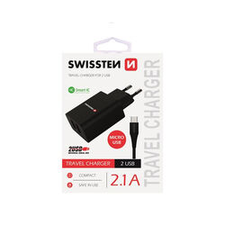 Nabíjačka Swissten Smart IC 2.1A s 2 USB konektormi a dátovým káblom USB/Micro USB, 1,2 m, čierna