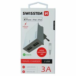 Rýchlonabíjačka Swissten Smart IC 3.A s 2 USB konektormi + dátový kábel USB / Lightning MFi 1,2 m, biela