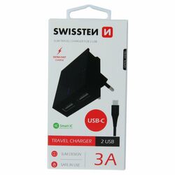 Rýchlonabíjačka Swissten Smart IC 3.A s 2 USB konektormi a dátový kábel USB / USB-C 1,2 m, čierna