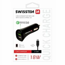 Autonabíjačka Swissten s podporou Qualcomm Quick Charge 3.0 a 2 x USB konektorom a Micro-USB kábel