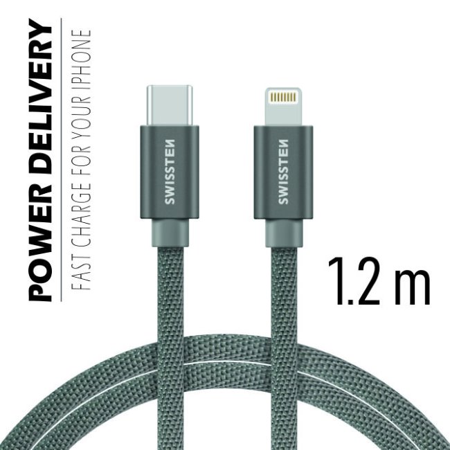 Swissten Data Cable Textile USB-C / Lightning 1.2 m, grey - OPENBOX (Rozbalený tovar s plnou zárukou)