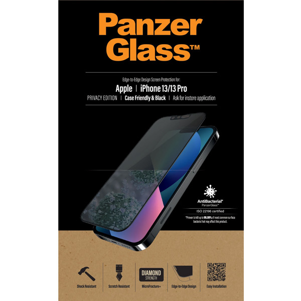 E-shop Ochranné temperované sklo PanzerGlass Case Friendly AB s privátnym filtrom pre Apple iPhone 13/13 Pro, čierne PROP2745