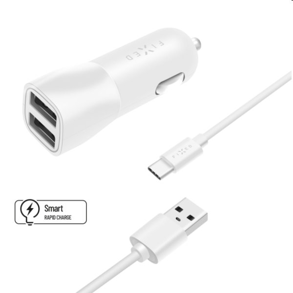 FIXED Autonabíjačka Smart Rapid Charge 2x USB s káblom USB/USB-C 1m, 15 W, biela FIXCC15-2UC-WH