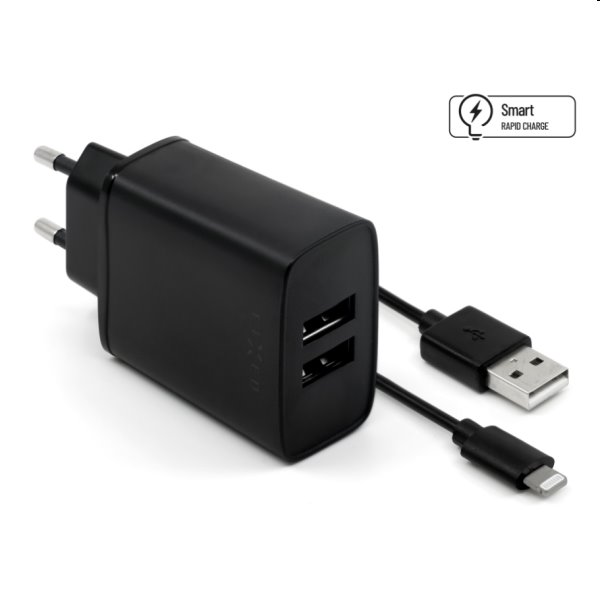 FIXED Sieťová nabíjačka Smart Rapid Charge s 2 x USB 15 W a kábel USB/Lightning MFI 1 m, čierna FIXC15-2UL-BK