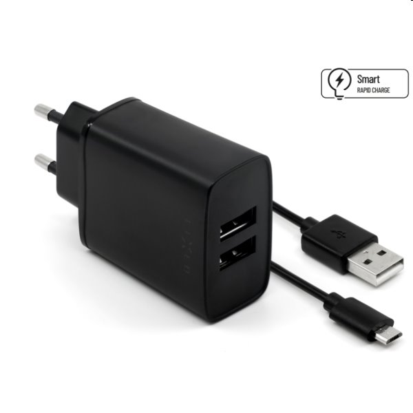 FIXED Sieťová nabíjačka Smart Rapid Charge s 2 x USB 15W + kábel USB/micro USB 1m, čierna FIXC15-2UM-BK