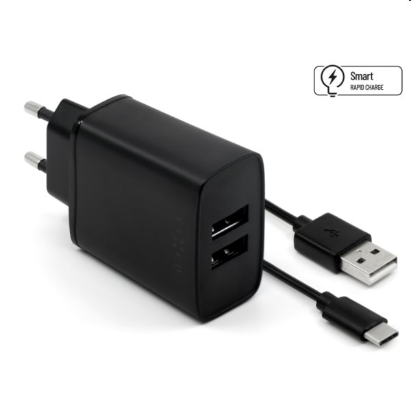 FIXED Sieťová nabíjačka Smart Rapid Charge s 2 x USB, 15W + kábel USB/USB-C 1m, čierna