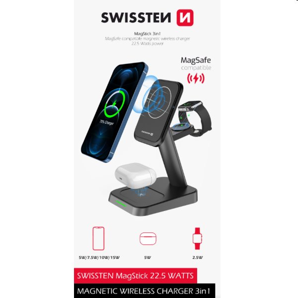 E-shop Swissten MagStick bezdrôtová nabíjačka 3 v 1 22,5W, čierna 22055508