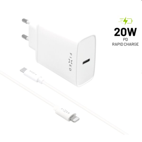 FIXED Travel Charger Smart Rapid Charge with 2 x USB PD,20W + Data Cabel USB-C/Lightning MFI 1m, white - OPENBOX (Rozbal FIXC20-CL-WH
