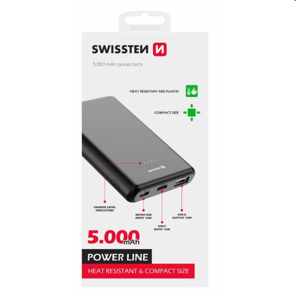 Swissten Power Line Powerbank 5 000 mAh 10W, čierna