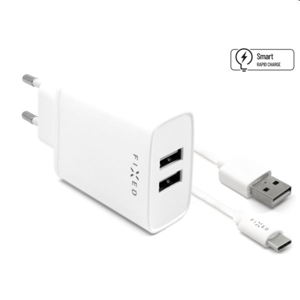 FIXED Travel Charger Smart Rapid Charge with 2 x USB,15W + Data Cabel USB/USB-C 1m, white - OPENBOX (Rozbalený tovar s p FIXC15-2UC-WH