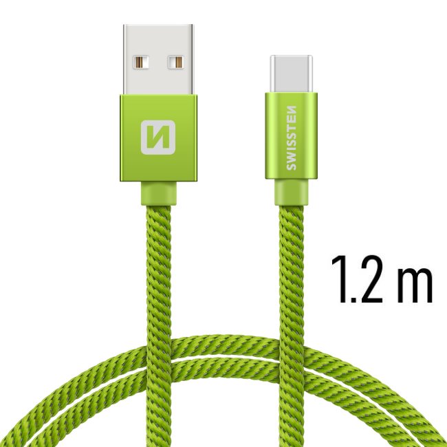 Swissten Data Cable Textile USB / USB-C 1.2 m, green - OPENBOX (Rozbalený tovar s plnou zárukou)