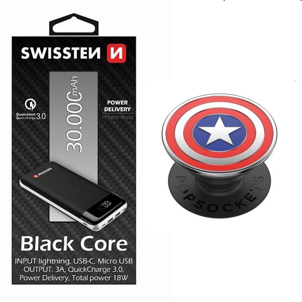 Swissten Black Core Slim Powerbank 30.000 mAh + Popsockets Enamel Captain America
