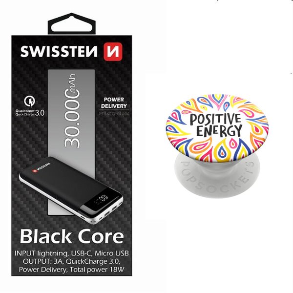 Swissten Black Core Slim Powerbank 30.000 mAh + Popsockets Positive Energy PG